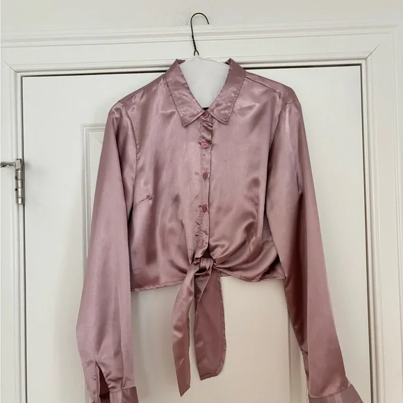 Satin Tie-Front Blouse - Dusty Rose - Picture 1 of 9